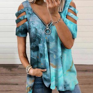 Zip Front Tie Dyed Cutout Sleeve T-shirt